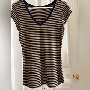 Max Studio Navy and Tan Striped Short Sleeve Top